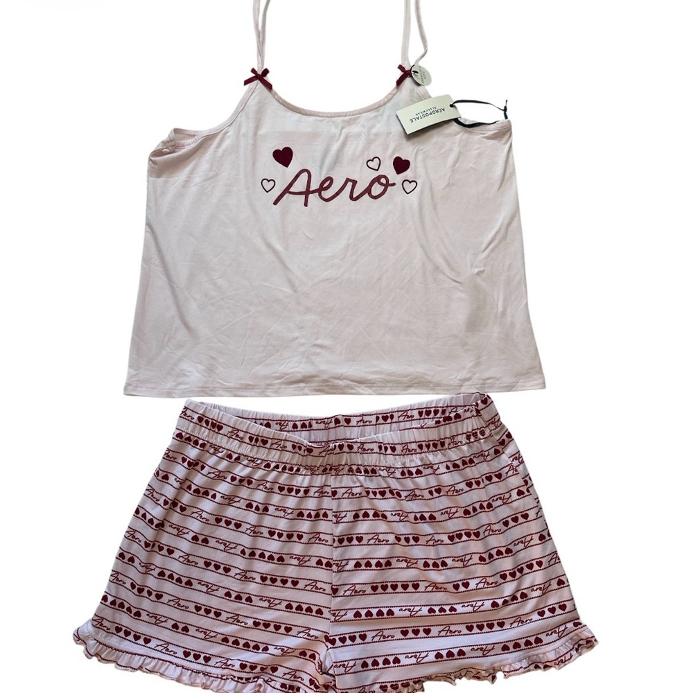 Aeropostale Pink Heart pajama Set Women’s XL Ruffle Shorts and Cami with Logo